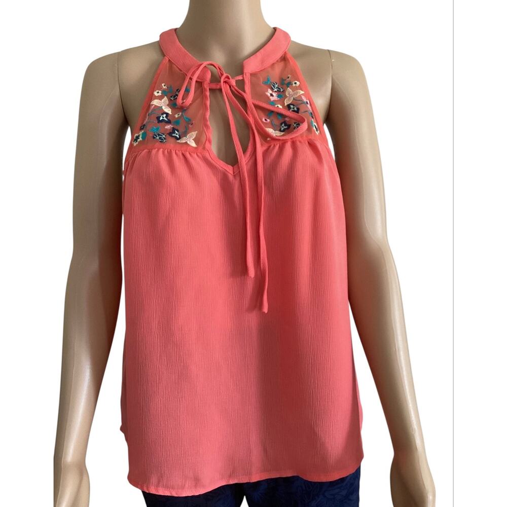 EAM Coral Sleeveless Blouse with Embroidered Mesh Yoke & Tie-Neck size L